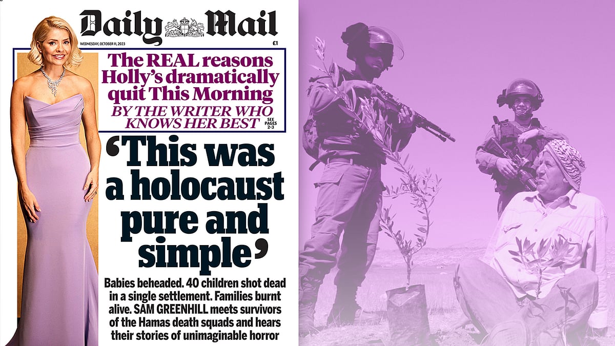 A cutout of a Daily Mail front page against a picture of a Palestinian who planted an olive tree to protest evictions.