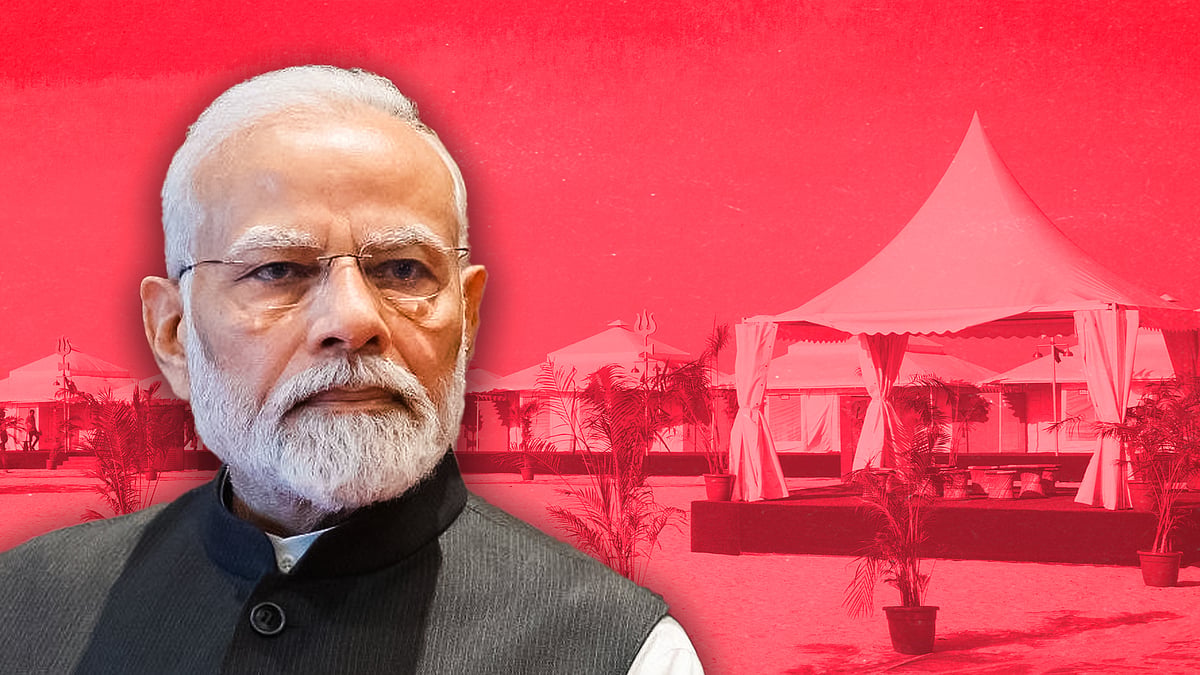 A cutout of PM Modi with the Varanasi tent city project in the backdrop.