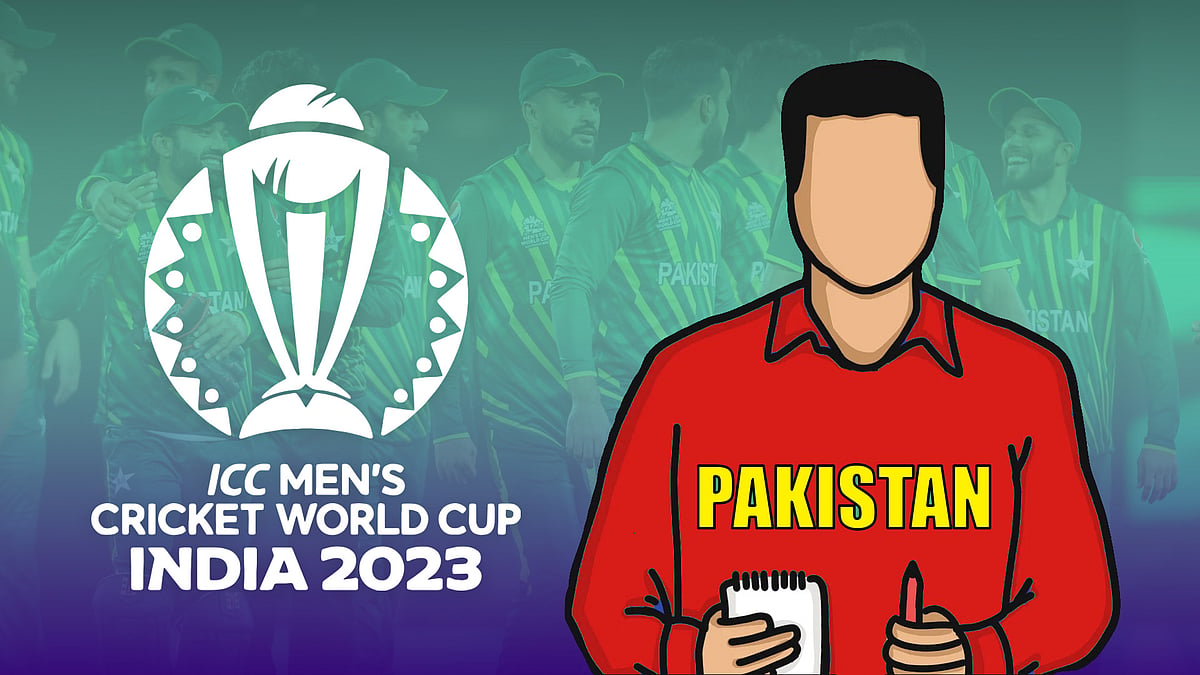 Illustration depicting a Pakistani journalist beside the logo of the ICC Cricket World Cup 2023.