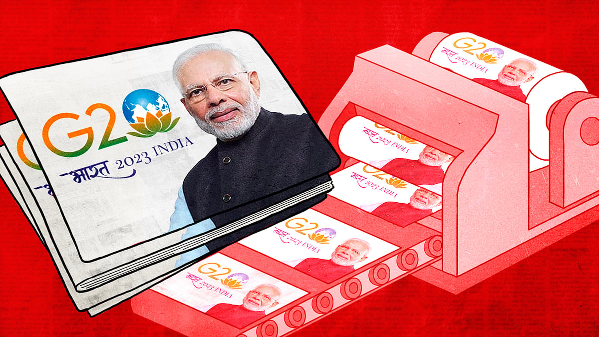 Illustration of a printing press churning out newspapers with G20 ads featuring Modi.