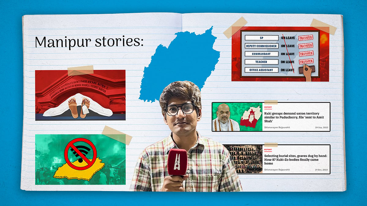 Reporter Shivnarayan in front of a collage of his stories from Manipur. 