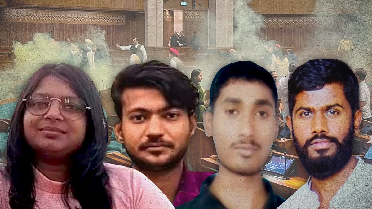 Cutouts of the four protesters with a picture of coloured gas in the Lok Sabha.