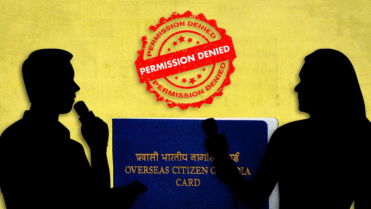 Silhouettes of journalist and an OCI card. 