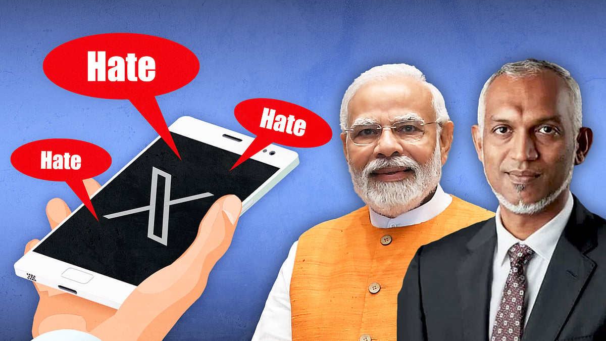 Illustration of a phone buzzing with tweets alongside pictures of Narendra Modi and Mohamed Muizzu. 