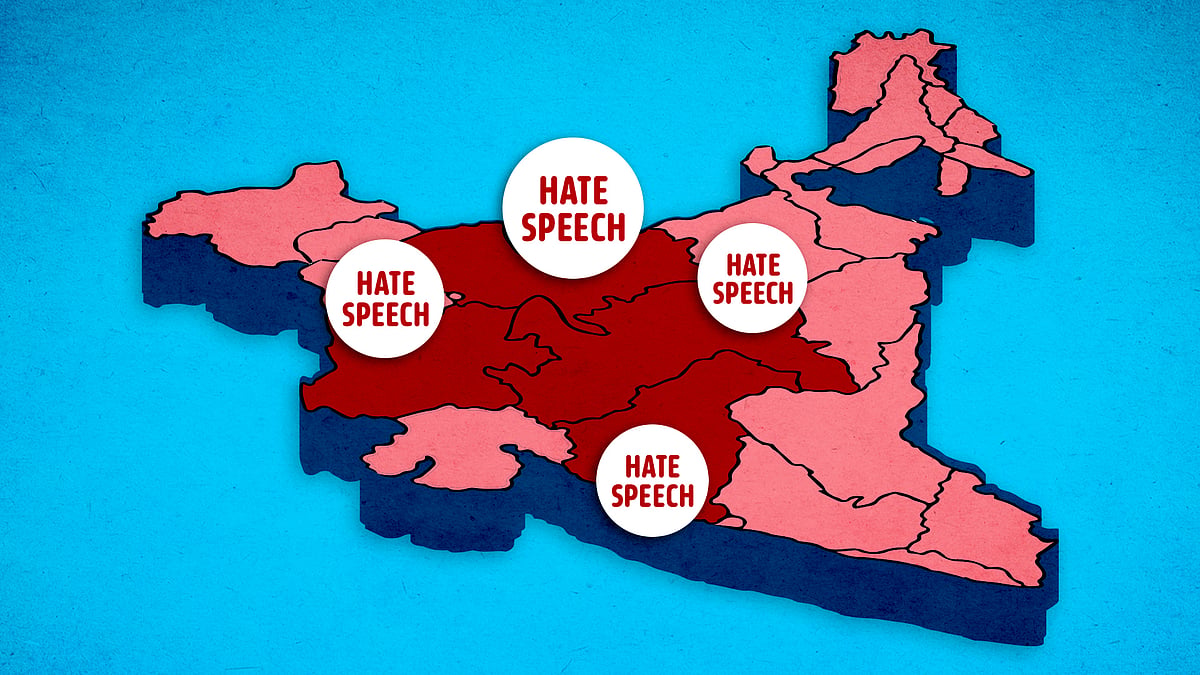 Illustration of India's map with regions recording high incidents of hate speech events marked in red.     