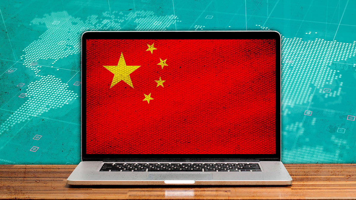 A laptop with Chinese flag on the screen.