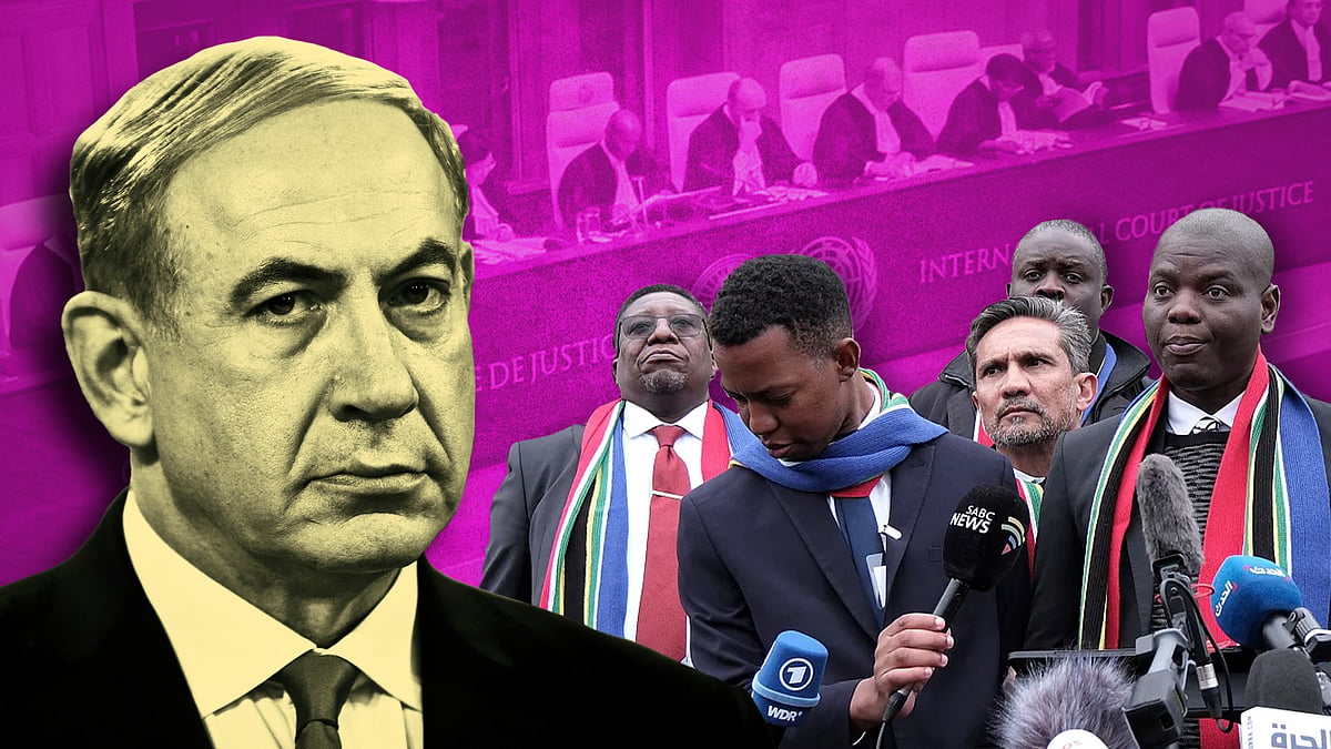 Benjamin Netanyahu. In the background is the South Africa team with minister Ronald Lamola on the right.