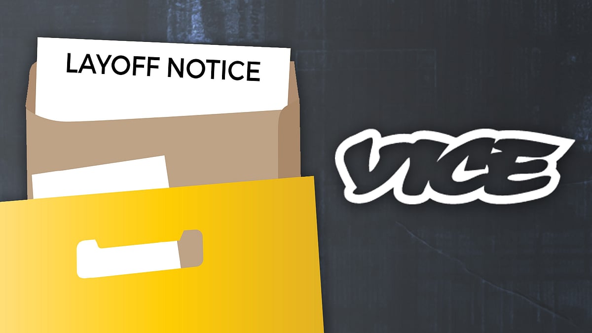 Illustration of a document saying 'layoff notice' beside the Vice logo. 