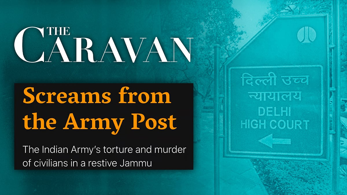 The Caravan article's headline and a picture of a sign board saying Delhi High Court. 