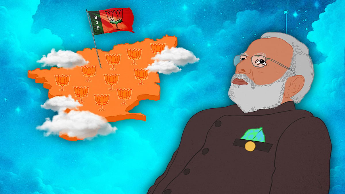 Illustration of Modi dreaming about Tamil Nadu with a BJP flag.