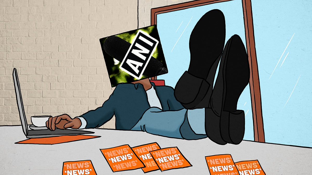 Illustration of businessman with ANI logo as their head, scrolling through laptop.