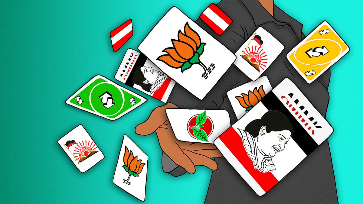 पार्टी लोगो और यूएनओ रिवर्स के साथ कार्ड का एक पैकेट खोलती एक महिला का चित्रण.