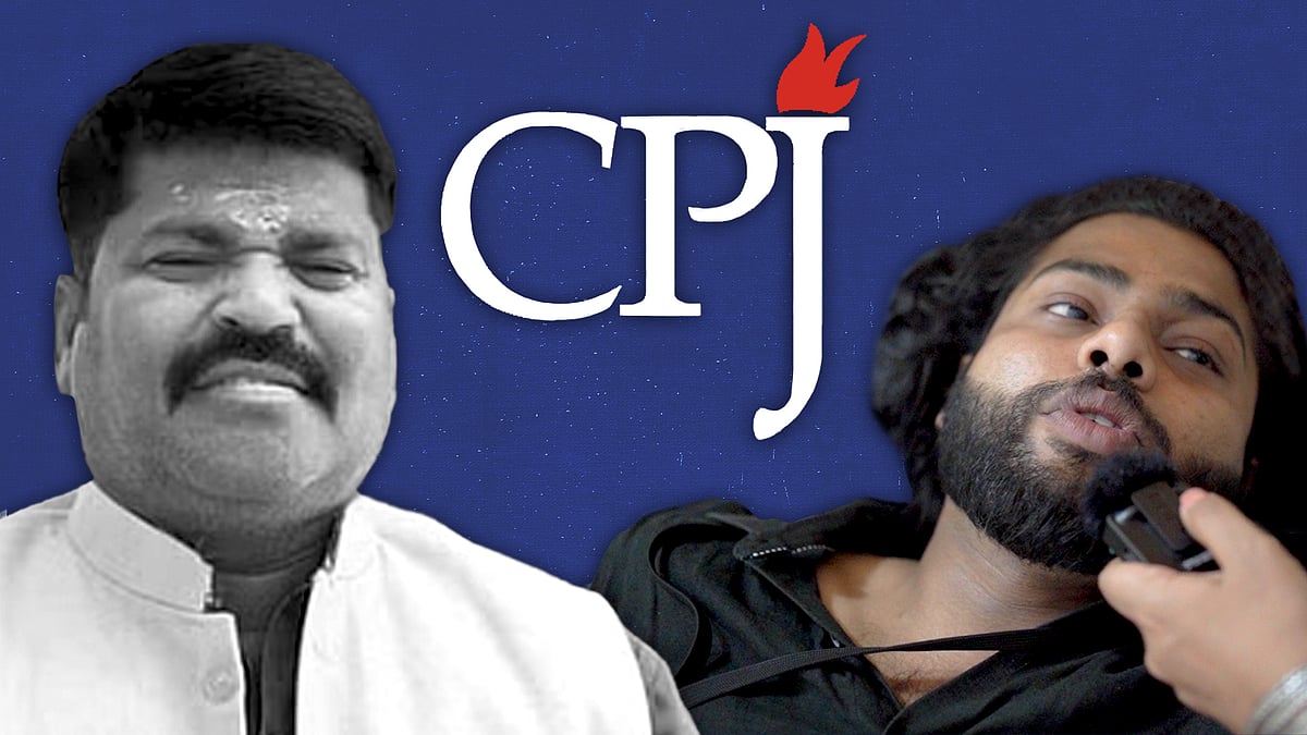 Journalists Ashutosh Srivastava and Raghav Trivedi, and the CPJ logo.