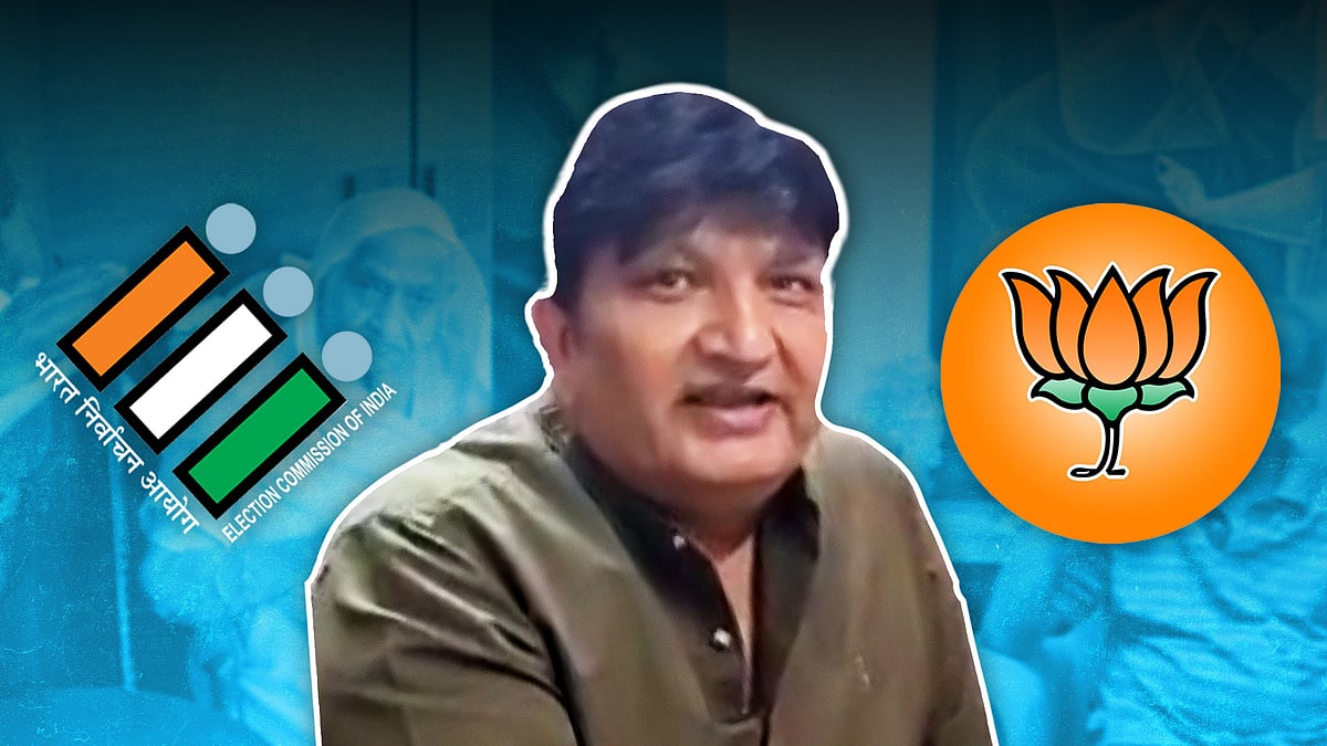 BJP worker Bhuwan Sharma with the EC and BJP logos. 