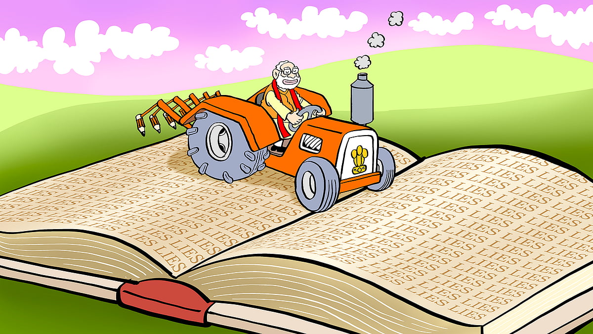 Cartoon of Modi driving a tractor over pages of lies. 