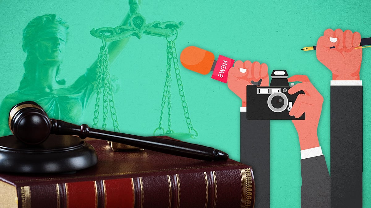 A gavel beside the illustration of hands holding a mike, a pen and a camera.