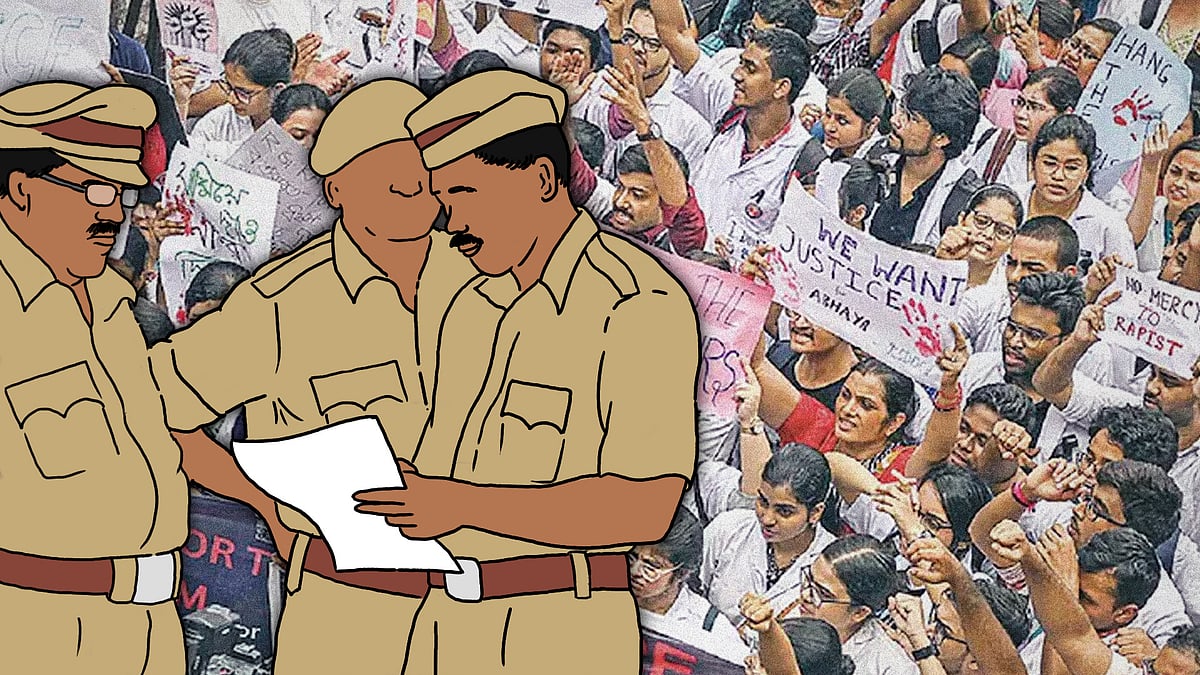 An illustration of police personnel looking at a report.