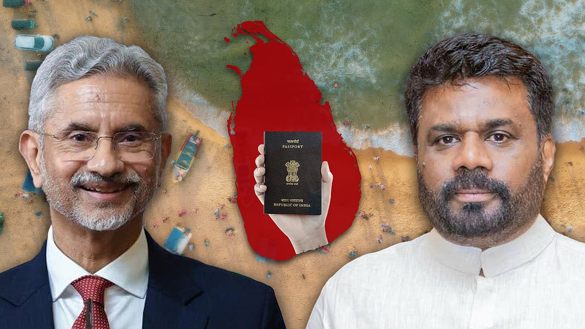 Jaishankar and Dissanayake with a Sri Lanka map in the centre with a hand holding an Indian passport.