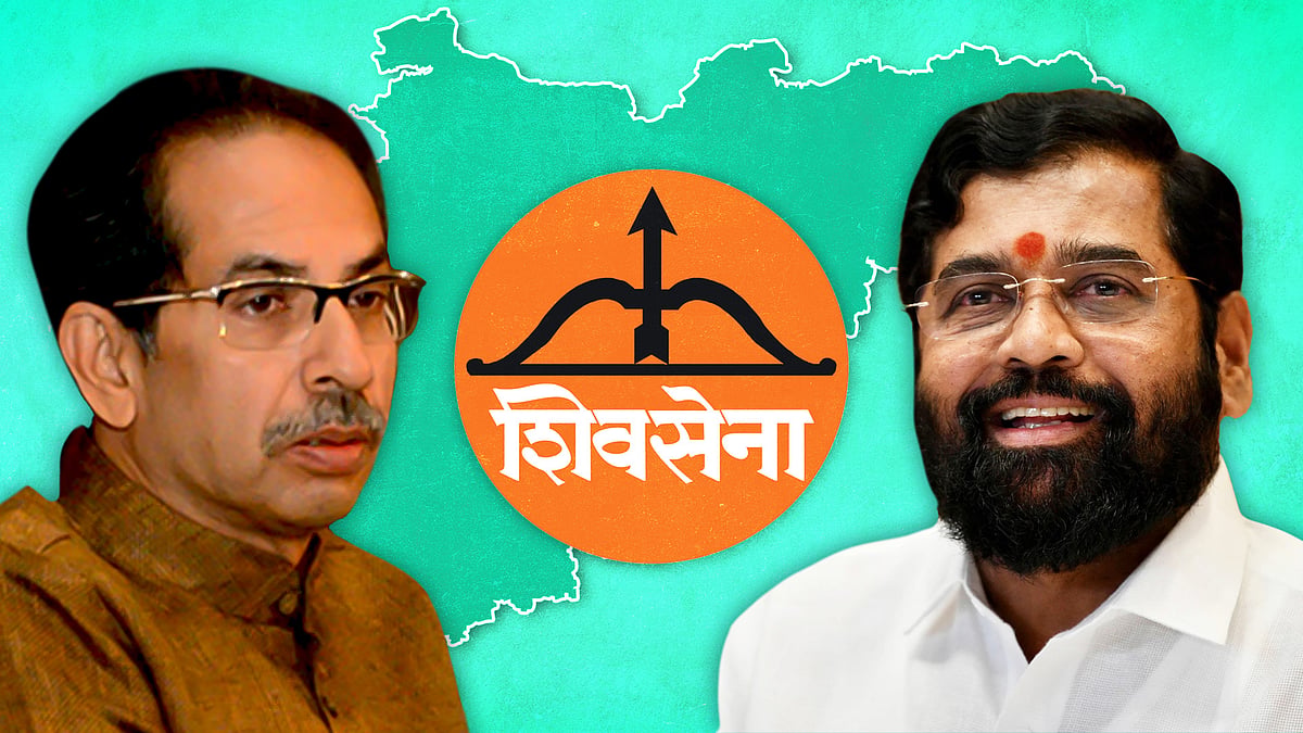 Uddhav Thackeray and Eknath Shinde with the Shiv Sena logo.