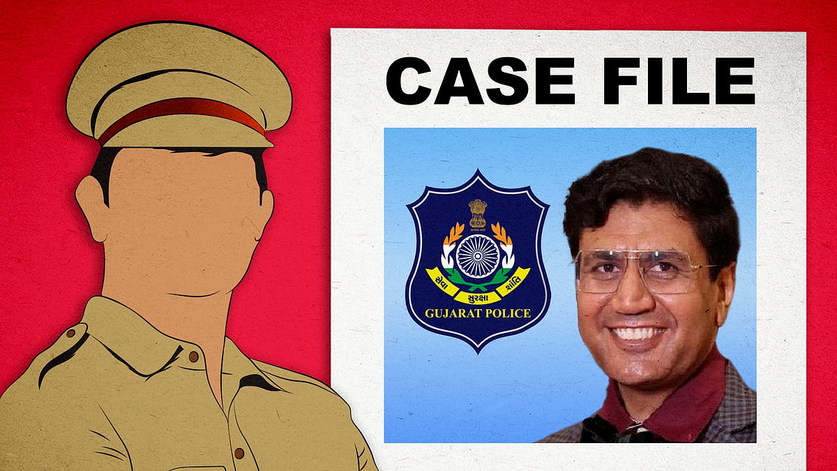गुजरात पुलिस के लोगो के साथ महेश लंगा का पोस्टर, साथ में एक पुलिसकर्मी का चित्रण.