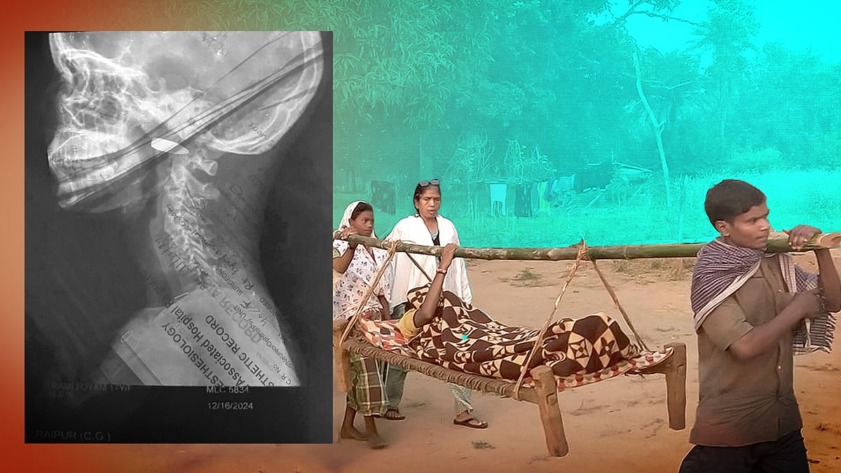 An x-ray showing a bullet lodged near Ramli’s vertebrae; villagers carrying an injured child. 