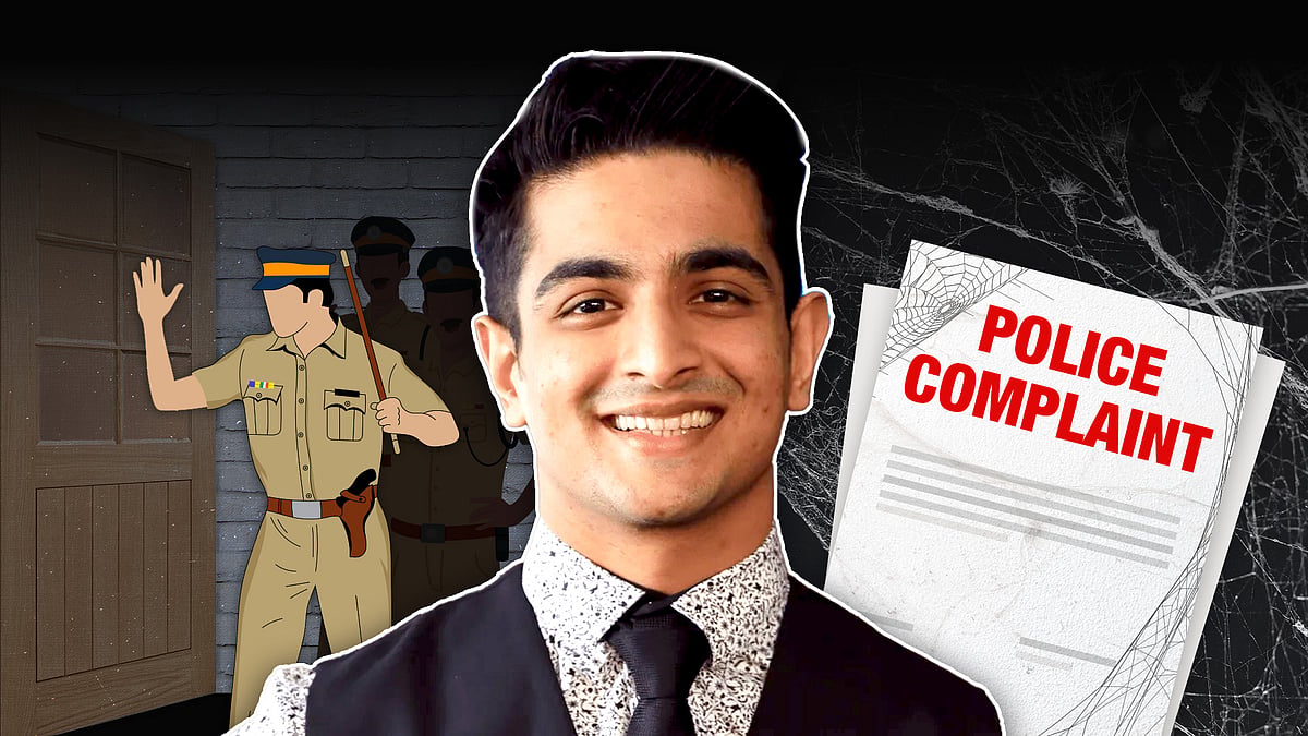 Ranveer Allahbadia with a picture of a policeman on one side, a cobwebbed police complaint on the other.