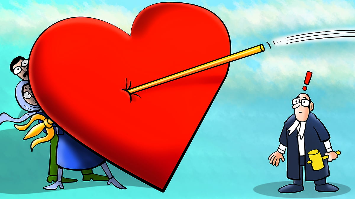 Illustration of a judge looking at a couple hiding behind a heart that has been speared by a trident.