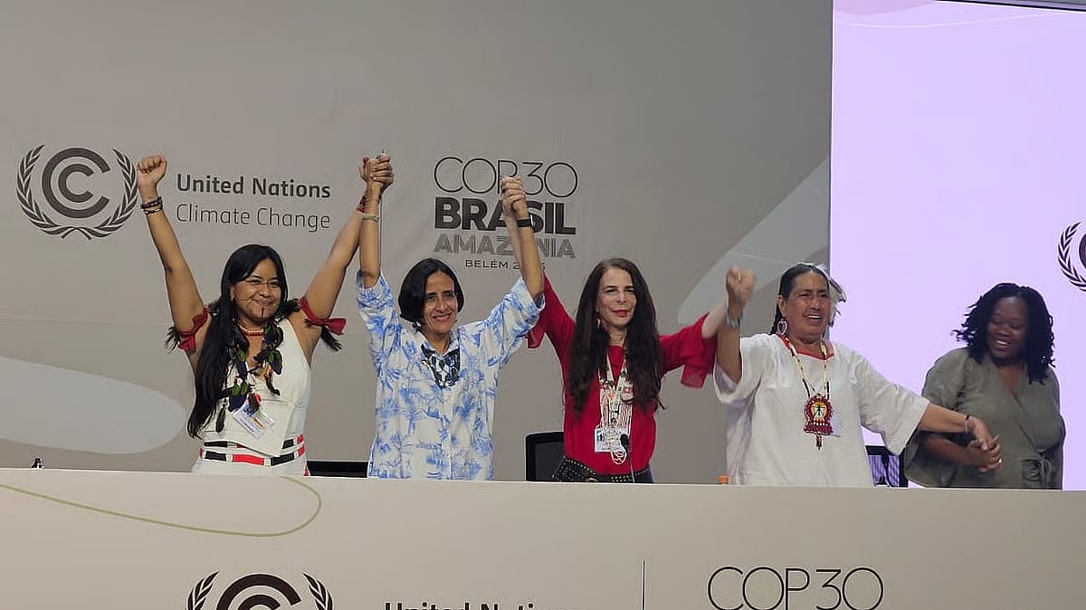 A press briefing where women leaders call for greater female participation in climate policymaking.