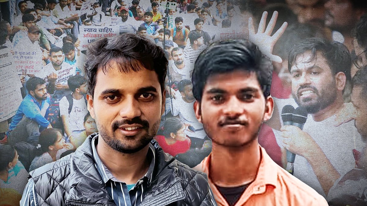 संजय और धर्मराज की तस्वीर. पृष्ठभूमि में अभिजीत दीप्के और लखनऊ प्रदर्शन. 