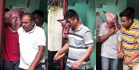 കൊൽക്കത്തയിലെ കോളേജ് പരിസരത്ത് നിയമ വിദ്യാർഥിനിയെ ബലാത്സംഗം ചെയ്ത കേസിൽ പ്രതികളായ മൂന്ന് പേരെ കൊൽക്കത്തയിലെ കോടതിയിൽ ഹാജരാക്കിയപ്പോൾ