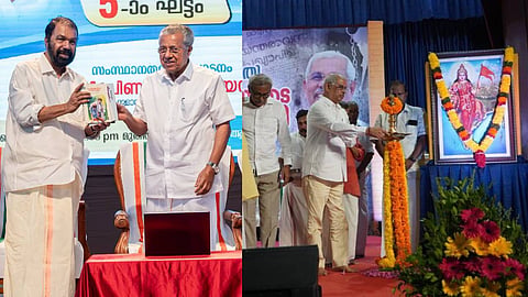 വി. ശിവന്‍കുട്ടിയും പിണറായി വിജയനും (ഇടത്), രാജേന്ദ്ര അർലേക്കർ (വലത്) 