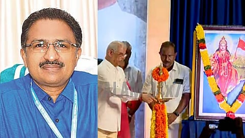 രജിസ്ട്രാർ കെ. എസ്. അനിൽകുമാർ, കേരള സർവകലാശാലയിൽ 'ഭാരതാംബ' ചിത്രത്തിന് മുന്നിൽ ദീപം തെളിയിക്കുന്ന ഗവർണർ