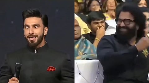 ദൈവ ചാമുണ്ഡിയെ അനുകരിക്കുന്ന രണ്‍വീർ സിംഗ്,  സദസിൽ ഋഷഭ് ഷെട്ടി