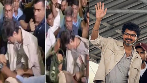 ആരാധകര്‍ വളഞ്ഞു; എയര്‍പോര്‍ട്ടില്‍ കാല്‍തെറ്റി വീണ് വിജയ് 