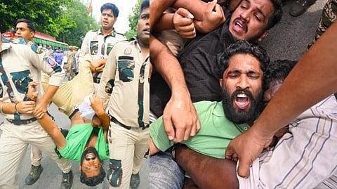 Left-wing leaders Jaick Thomas and Adarsh ​​Saji were dragged away and taken into police custody