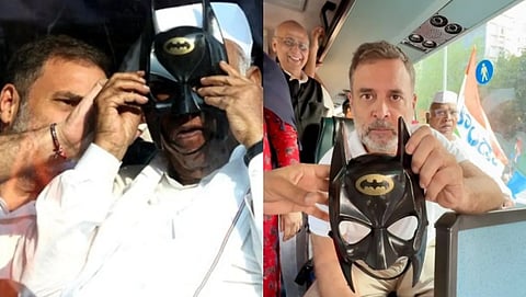 Rahul Gandhi and Mallikarjun Kharge don Batman masks during an INDIA bloc protest against CEC Gyanesh Kumar, prompting sharp ridicule from Union Minister Jayant Singh and the BJP.