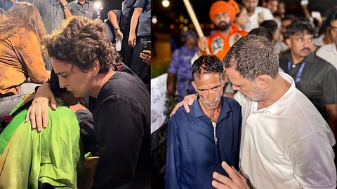 അങ്കിത ഭണ്ഡാരിയുടെ മാതാപിതാക്കൾക്കൊപ്പം ഇന്ത്യാ ഗേറ്റിൽ കുത്തിയിരുന്ന് പ്രതിഷേധിച്ച് രാഹുലും പ്രിയങ്കയും