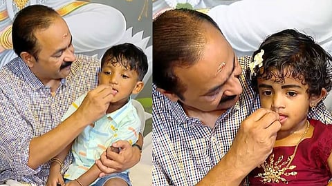 നോർത്ത് പറവൂരിലെ ദക്ഷിണ മൂകാംബിക ക്ഷേത്രത്തിൽ കുരുന്നുകളെ എഴുത്തിനിരുത്തി മുഖ്യമന്ത്രി വി.ഡി. സതീശൻ