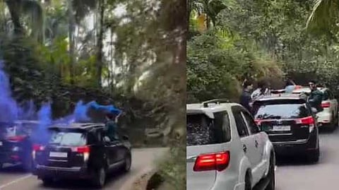 കാറിൻ്റെ ഡോറിൽ ഇരുന്നും, പടക്കം പൊട്ടിച്ചും അപകടയാത്ര നടത്തി റീല്‍സ് ചിത്രീകരണം; വിവാഹസംഘത്തിൽ വാഹനം ഓടിച്ച 7 പേർ പിടിയിൽ