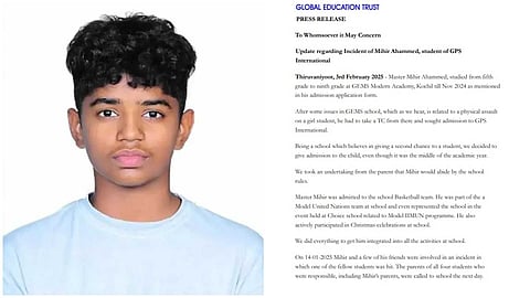 തൃപ്പൂണിത്തുറയിലെ വിദ്യാർഥിയുടെ മരണം: മിഹിറിനേയും കുടുംബത്തേയും 
അപകീർത്തിപ്പെടുത്താൻ സ്കൂളിൻ്റെ ശ്രമം, ദുരാരോപണങ്ങളുള്ള വാർത്താക്കുറിപ്പ് 
പുറത്തിറക്കി