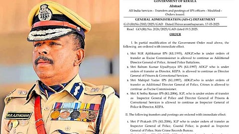 എം. ആർ. അജിത് കുമാർ ബെറ്റാലിയനിൽ  തുടരും; പൊലീസ് തലപ്പത്തെ അഴിച്ചുപണി തിരുത്തി ഉത്തരവ്