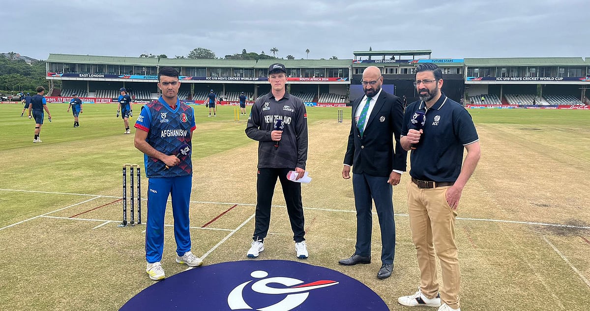 Courtesy: ACB Media : Captains of Afghanistan and New Zealand teams at the toss ahead of their ICC U-19 Men's Cricket World Cup 2024 match.