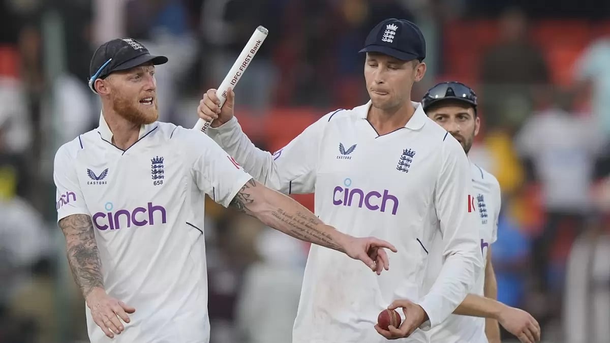 England's captain Ben Stokes (left) and teammate Tom Hartley celebrate victory in the first Test match against India in Hyderabad - AP