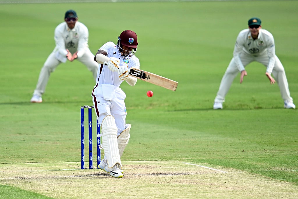(Darren England/AAP Image via AP) : An action of West Indies' Alick Athanaze batting against Australia on the third day of their cricket test match in Brisbane, Saturday, Jan. 27, 2024.