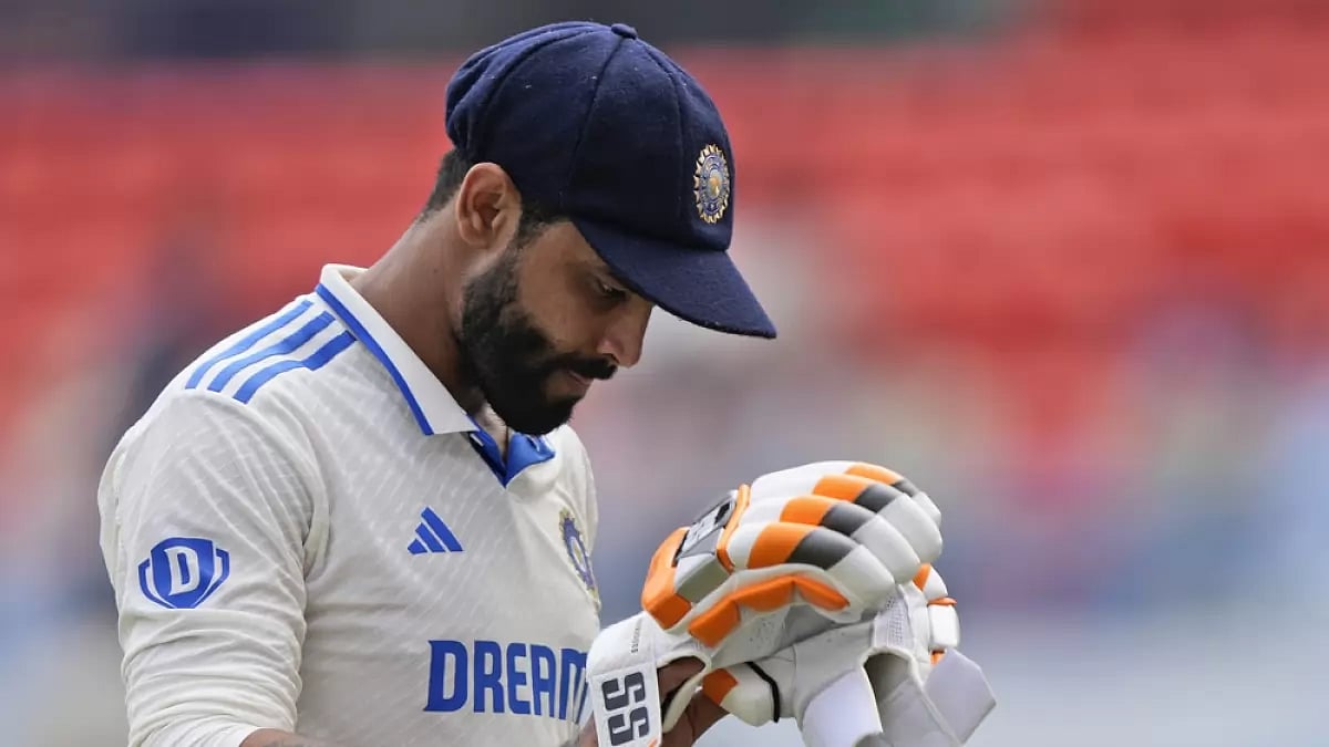 AP : Ravindra Jadeja reacts as he walks back to the pavilion after losing his wicket to Joe Root on the third day of the first cricket Test match between England and India in Hyderabad
