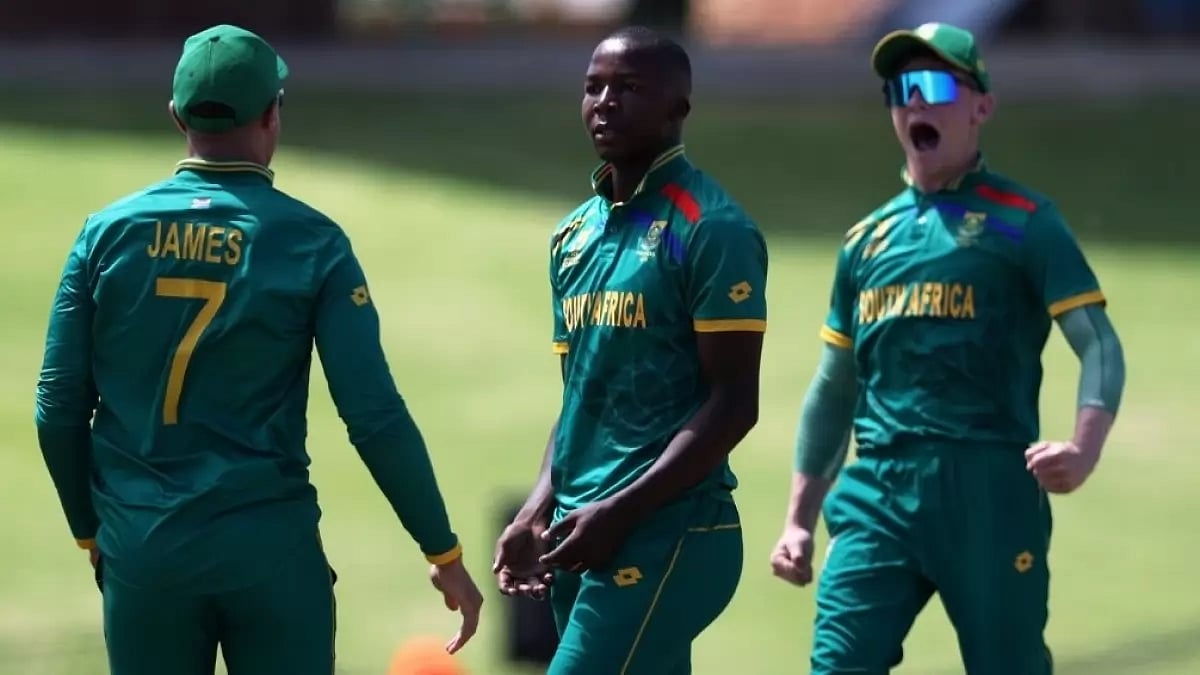 X/Proteas Men : Kwena Maphaka (centre) celebrates a wicket with teammates during the ICC Under-19 Cricket World Cup 2024 match between South Africa and West Indies in Potchefstroom