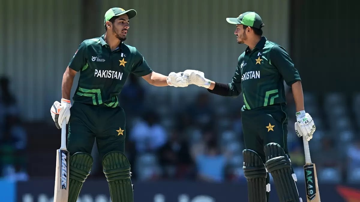 X/Pakistan Cricket : Pakistan captain Saad Baig and opener Shahzaib Khan during the ICC Under-19 Cricket World Cup 2024 match against Afghanistan in East London