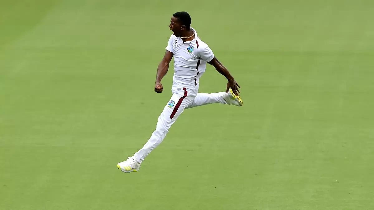 X/Windies Cricket : Shamar Joseph celebrates a wicket during the West Indies vs Australia Test match in Brisbane