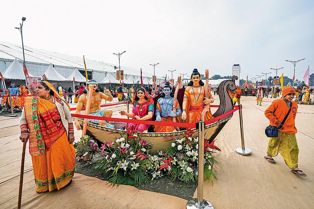 Photo: PTI : A Town in Flux: Devotees at the Shri Hanuman Maha Yagyashala ahead of the Ram temple consecration ceremony