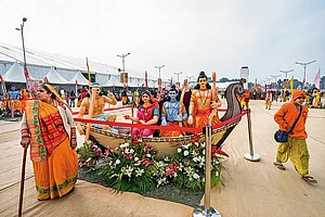 Photo: PTI : A Town in Flux: Devotees at the Shri Hanuman Maha Yagyashala ahead of the Ram temple consecration ceremony